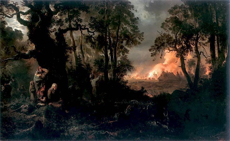 Franciszek Kostrzewski Fire of village. oil painting picture